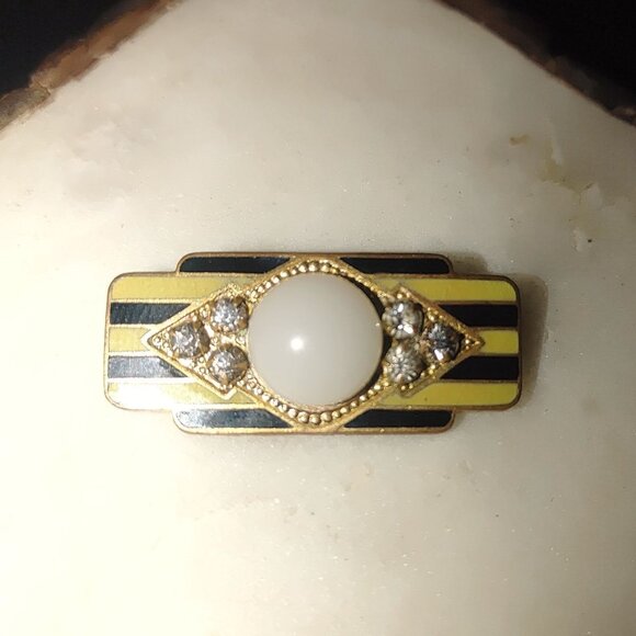 Vintage Art Deco Classic Clear Enamel Rhinestone Brooch Pin Green Black C Clasp - Picture 4 of 9